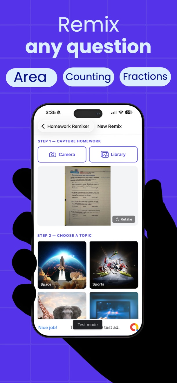 Homework Remixer capture screen with camera and photo library buttons, a photographed worksheet, and a grid of topics to choose from