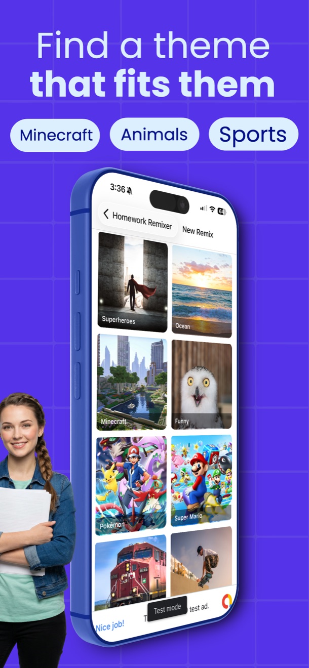 Homework Remixer theme picker with Minecraft, Pokémon, ocean and sports tiles