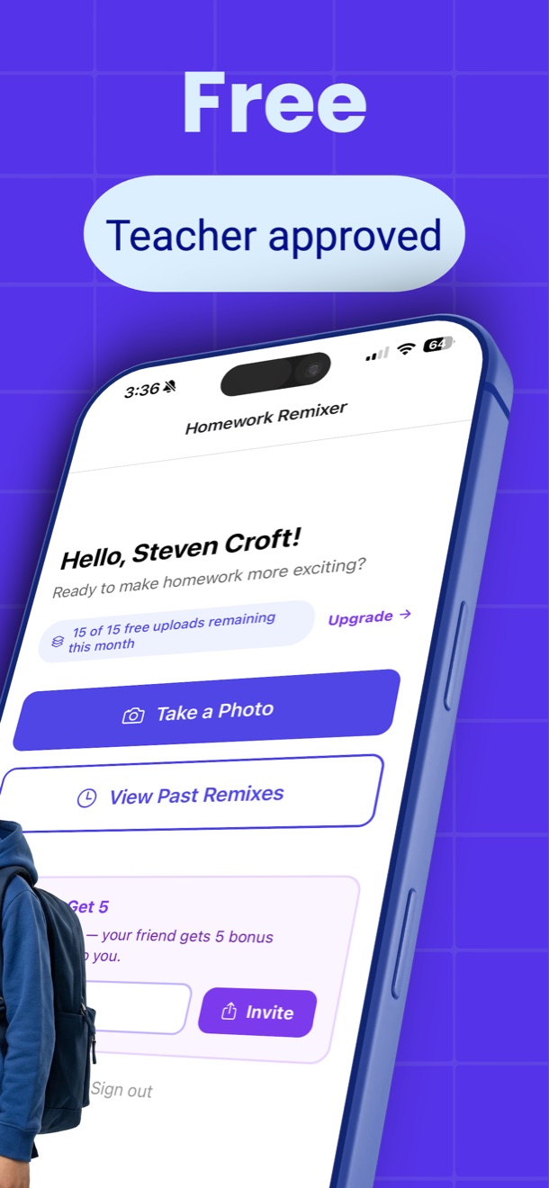 Homework Remixer home screen with Take a Photo and View Past Remixes buttons and a free monthly upload counter