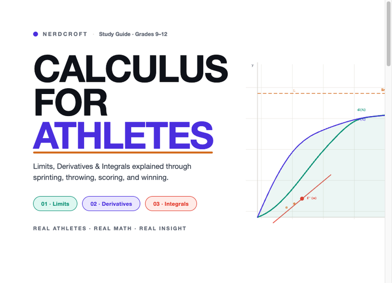 Calculus for Athletes study guide cover — limits, derivatives, integrals through sprinting and sports