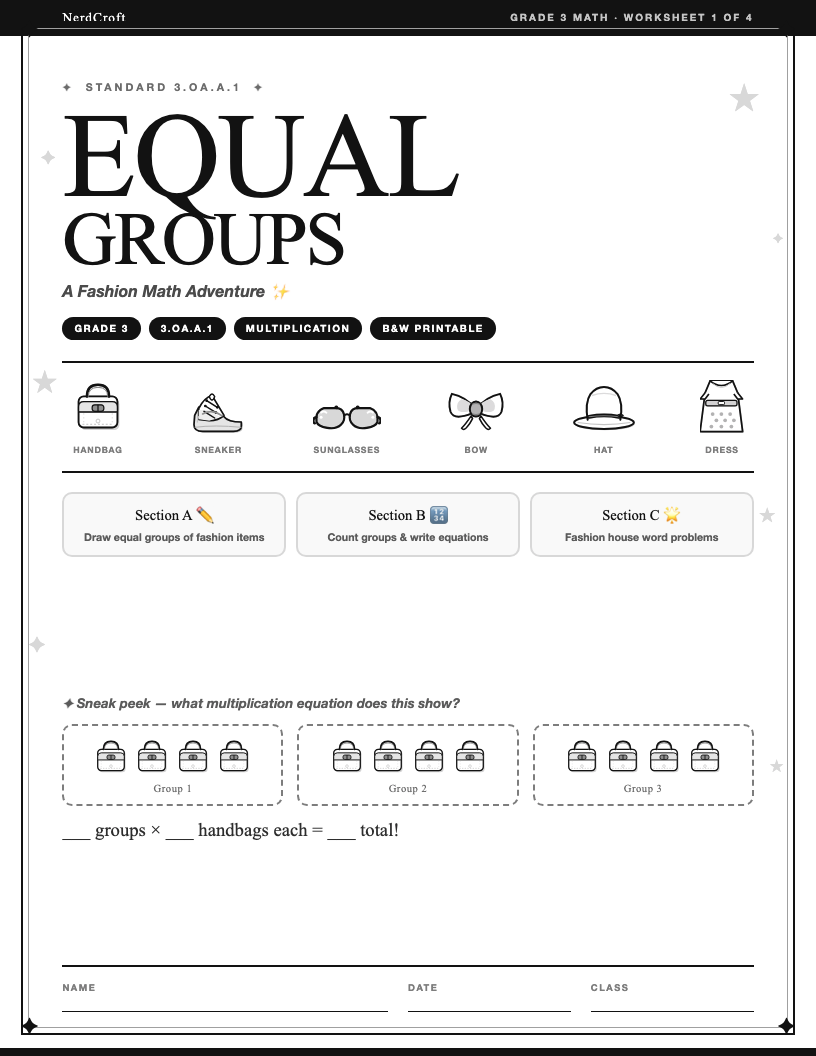 Fashion Math Equal Groups worksheet cover — Grade 3 multiplication