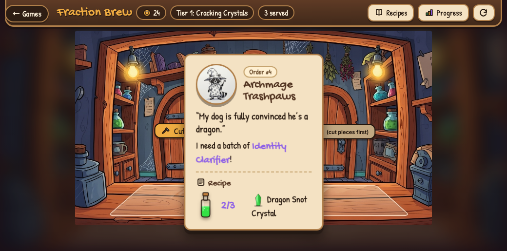 Fraction Brew — hand-drawn potion shop game for practicing fractions