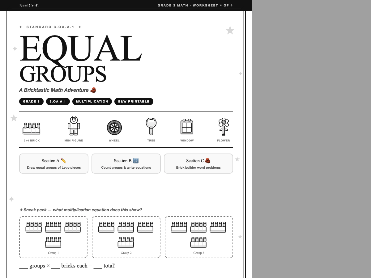 Lego Math Equal Groups worksheet cover — Grade 3 multiplication