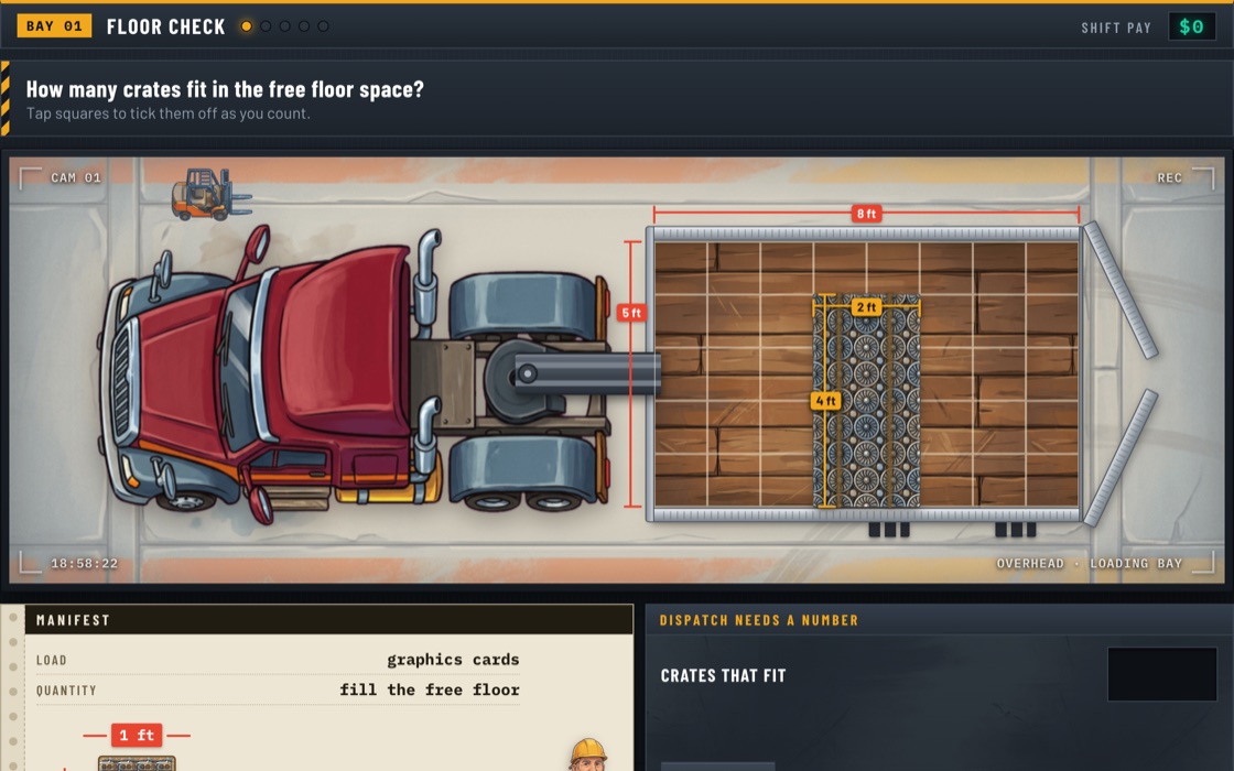 Loading Dock — a top-down semi truck at a loading bay, its trailer floor ruled into a unit grid with the free space and the cargo measured in feet