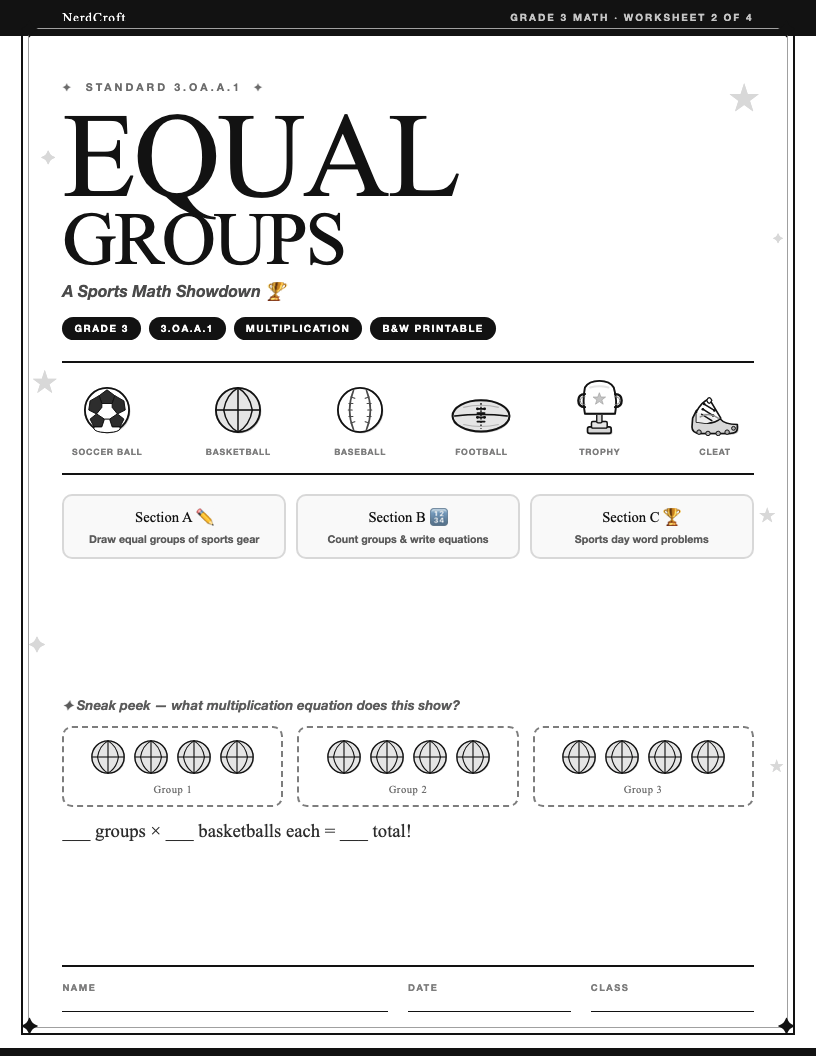 Sports Math Equal Groups worksheet cover — Grade 3 multiplication
