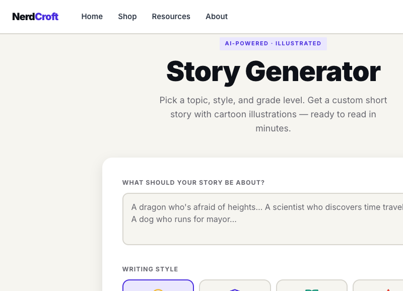 Story Generator — AI-powered illustrated stories at any grade level