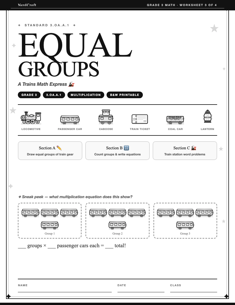Trains Math Equal Groups worksheet cover — Grade 3 multiplication