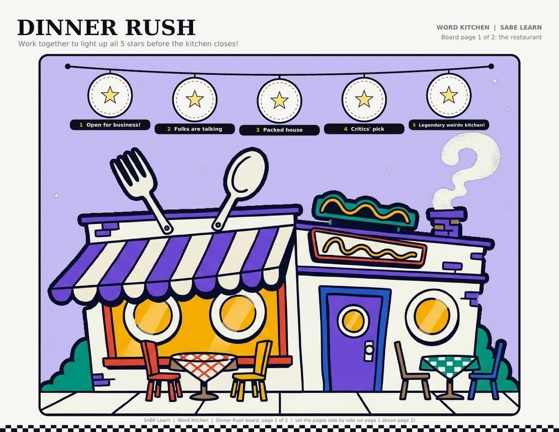 The Dinner Rush game board — a purple diner under a string of five star lights.