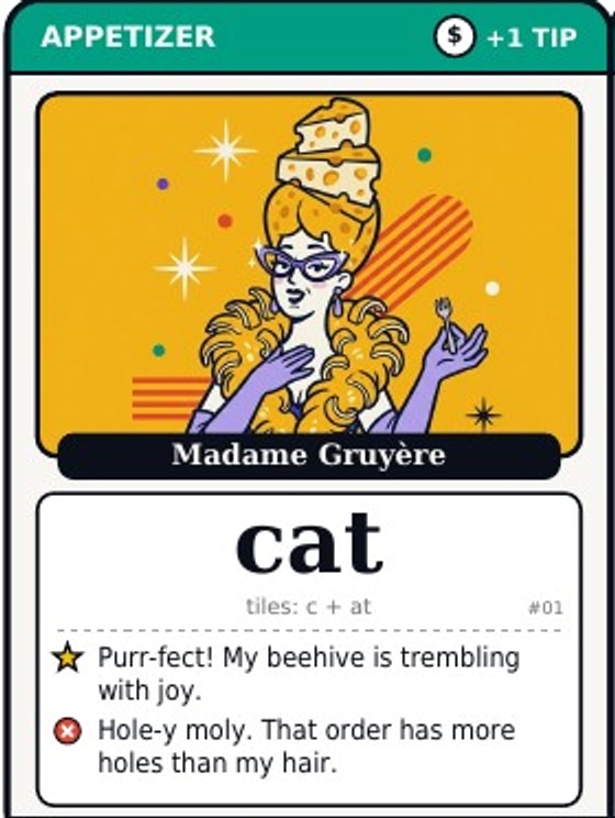 Order card: Madame Gruyère orders 'cat', built from the tiles c and at.