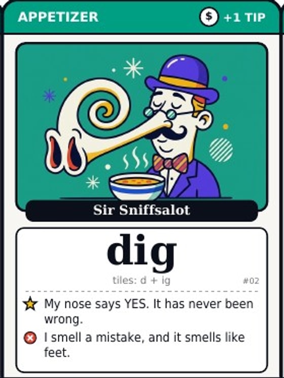 Order card: Sir Sniffsalot orders 'dig', built from the tiles d and ig.