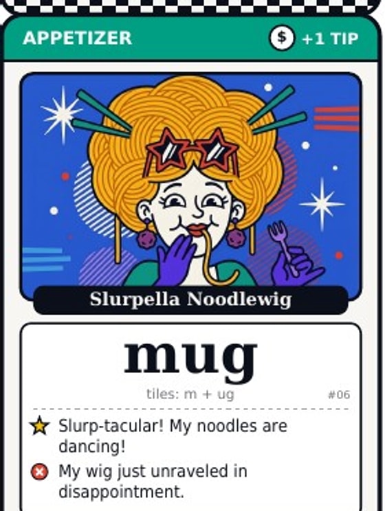 Order card: Slurpella Noodlewig orders 'mug', built from the tiles m and ug.