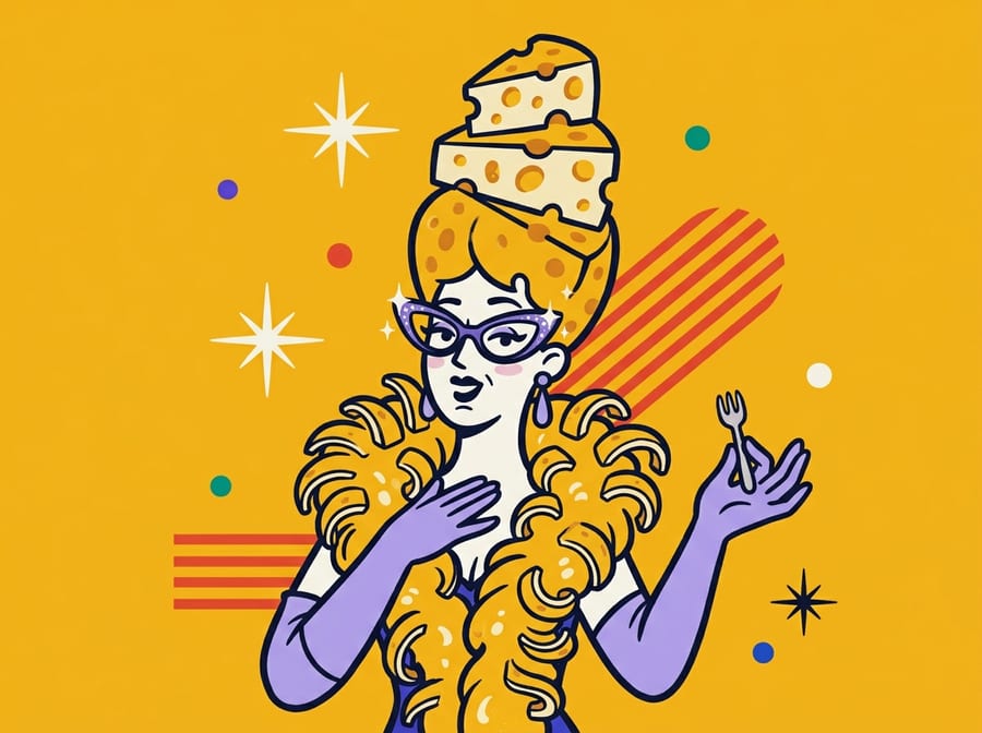 Madame Gruyère, a woman with a towering cheese beehive and a cheese feather boa.