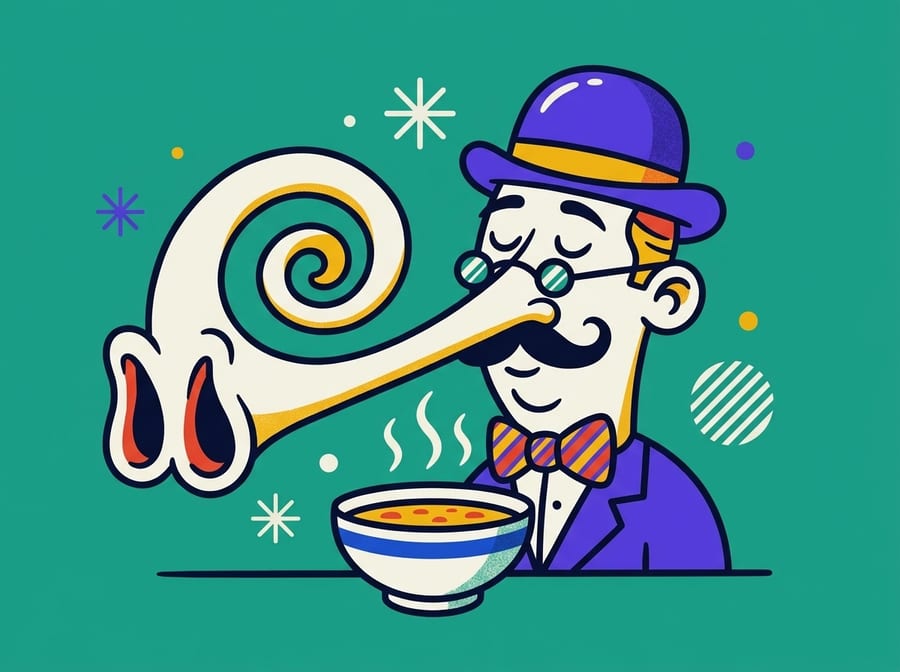 Sir Sniffsalot, a man whose enormous curling nose reaches his soup.