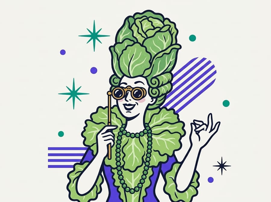 Countess Cabbage, a woman with a cabbage wig and opera glasses.