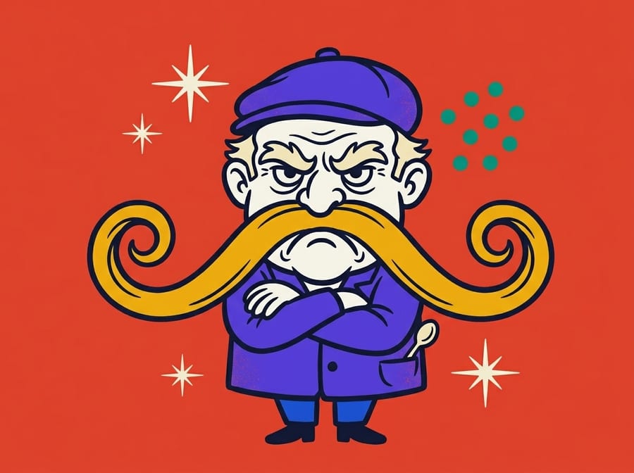 Grumbles McGee, a scowling man with an enormous gold moustache.