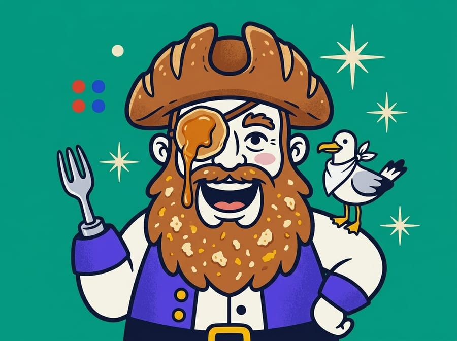 Captain Crumb, a pirate with a crusty bread hat and a syrup eyepatch.