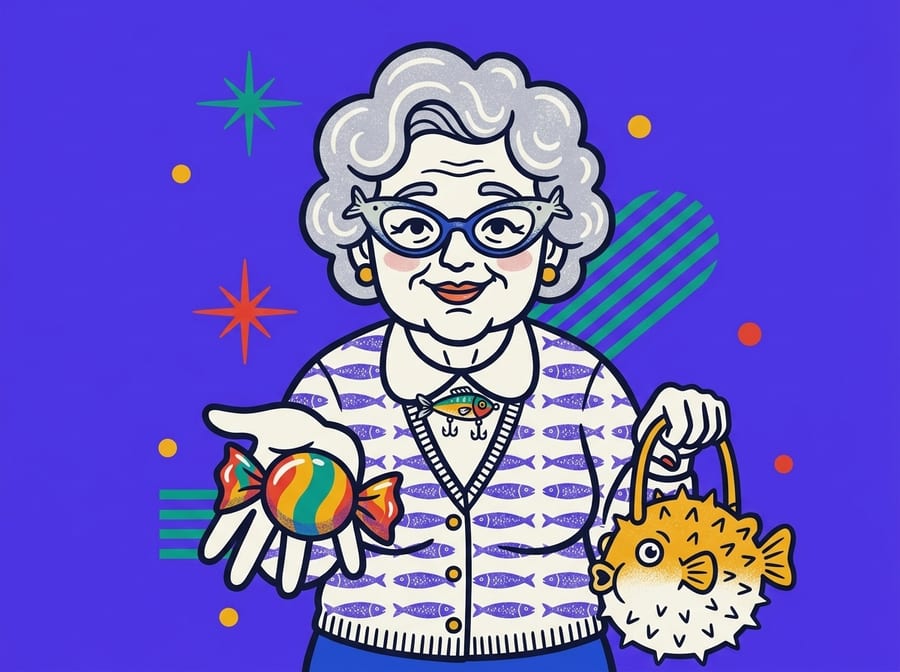 Auntie Anchovy, an elderly woman in a fish-print cardigan holding a pufferfish handbag.