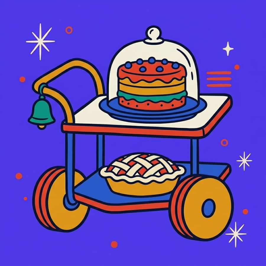 Dessert Cart: a trolley carrying a layer cake and a pie.
