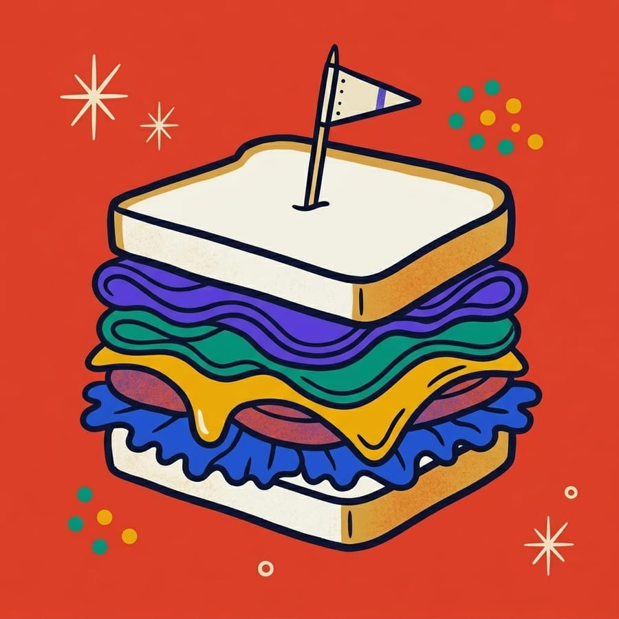 Digraph Deli: a tall sandwich with a flag in it.