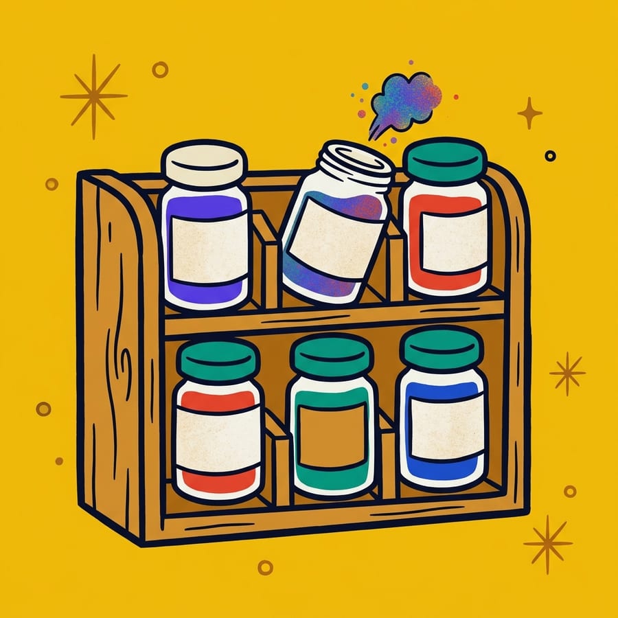 Spice Rack: a wooden shelf of labeled jars.