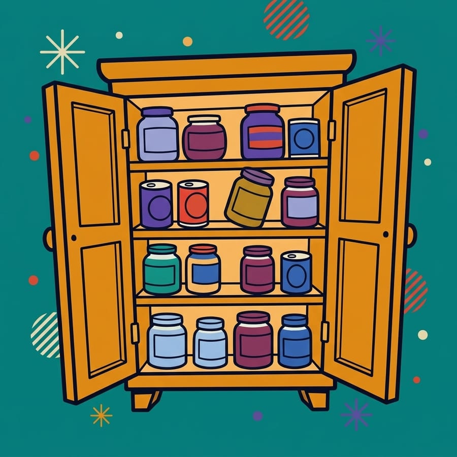 Vowel Pantry: a cupboard full of jars and cans.