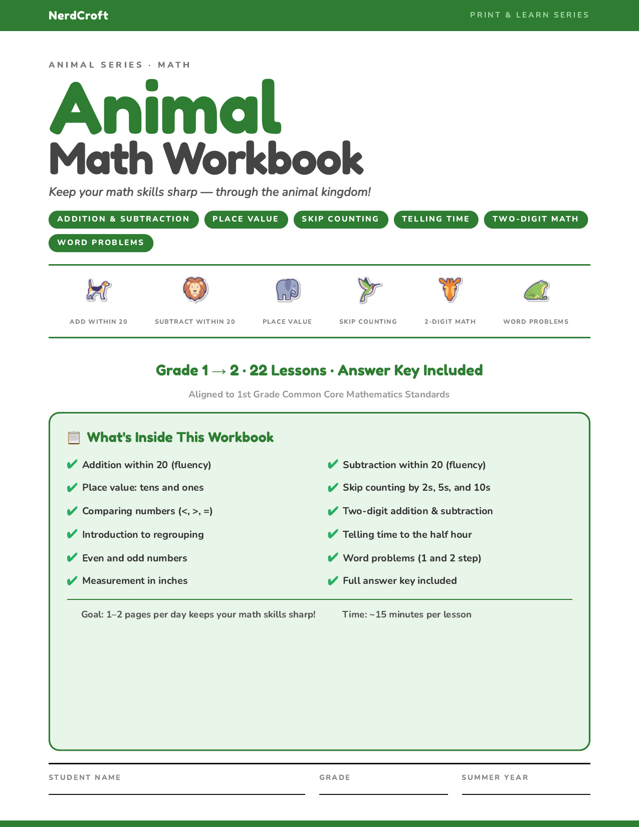 Grade 1–2 Animals workbook page 1