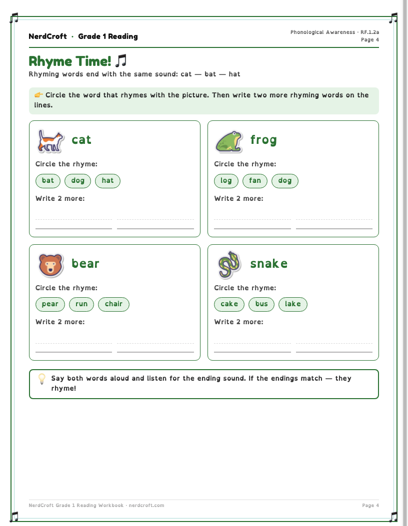 Animals reading workbook sample page