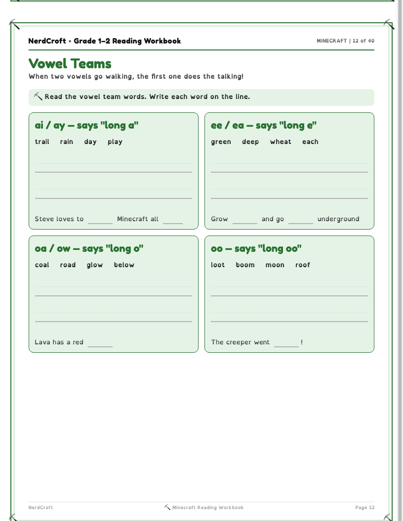 Minecraft reading workbook sample page