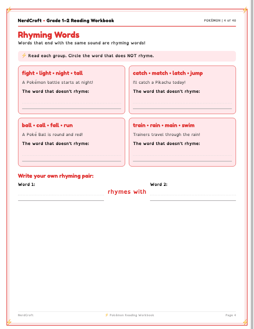 Pokémon reading workbook sample page