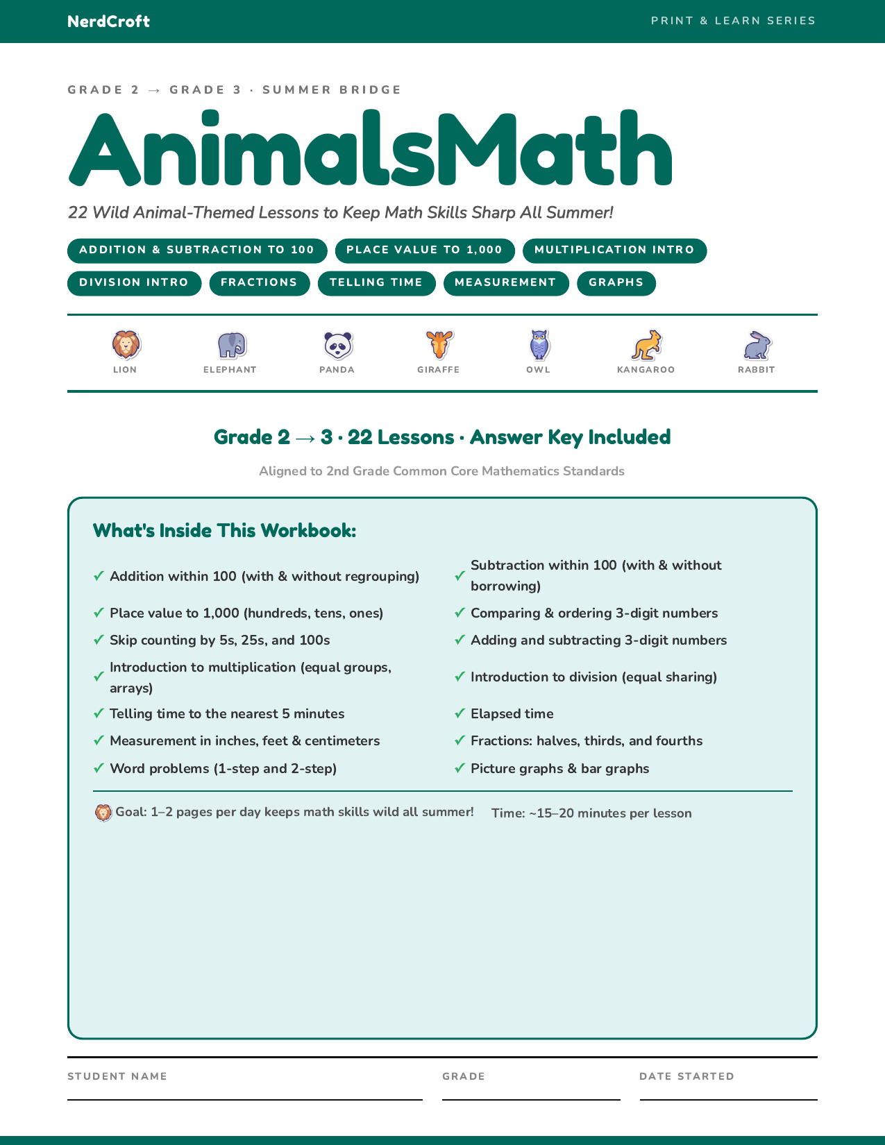 Grade 2–3 Animals workbook page 1