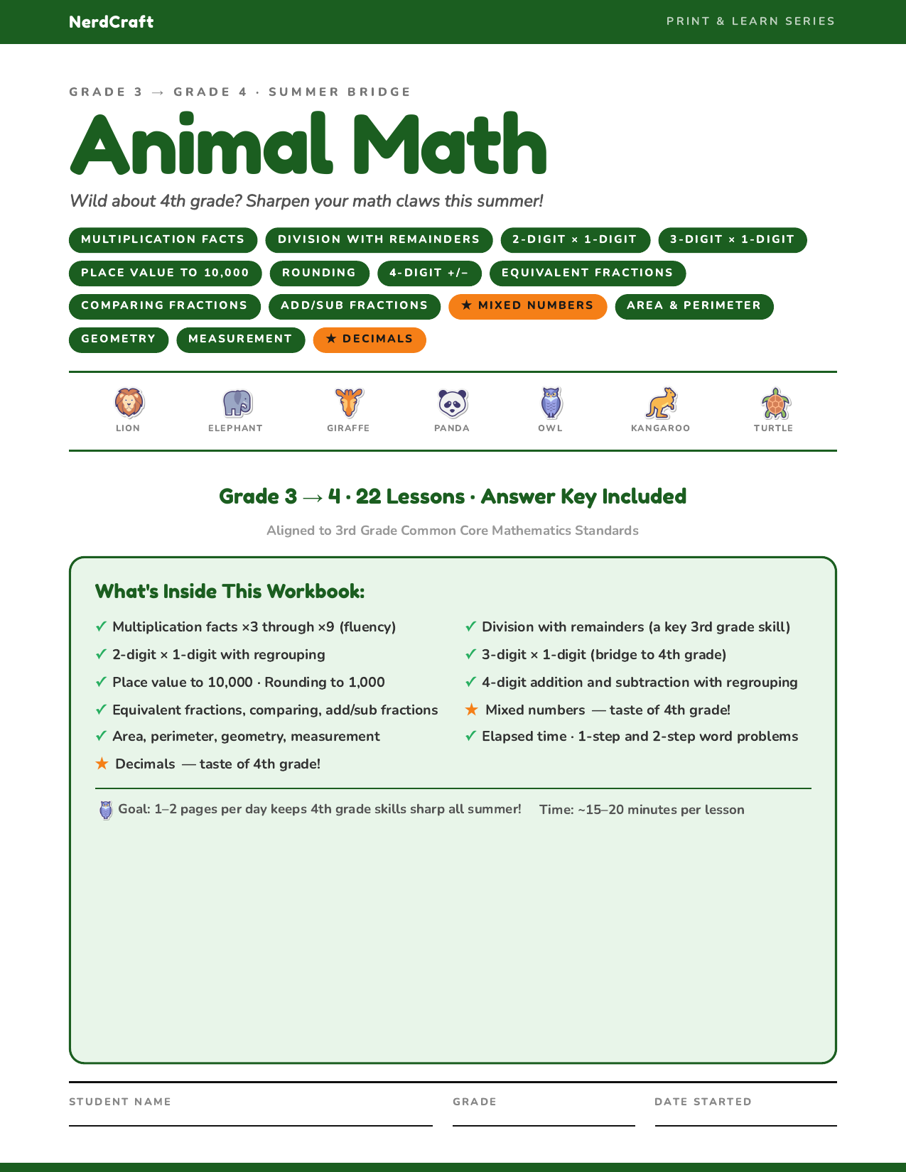 Grade 3–4 Animals workbook page 1