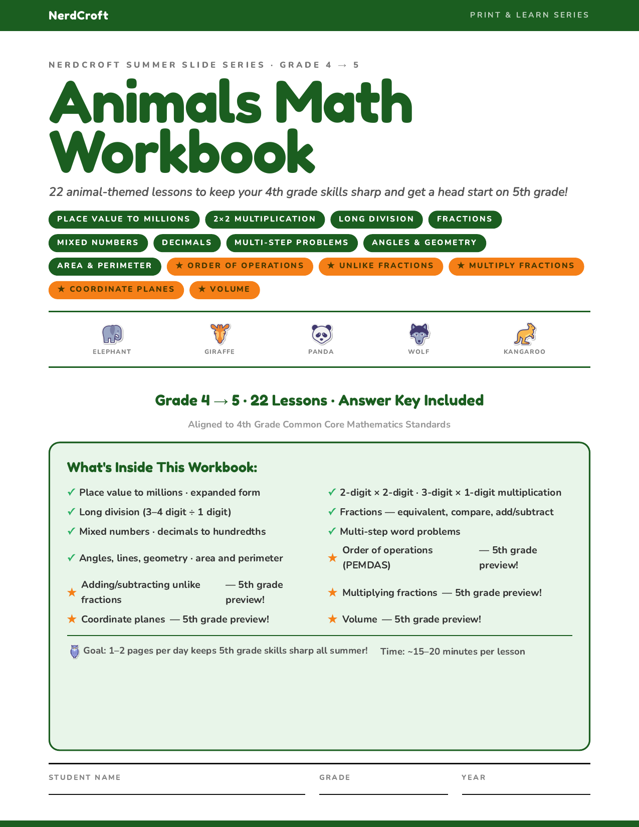 Grade 4–5 Animals workbook page 1