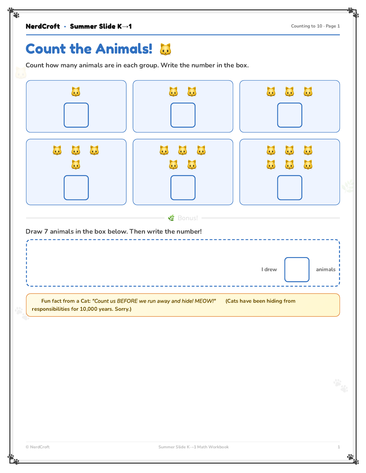 K–1 Animals workbook page 1